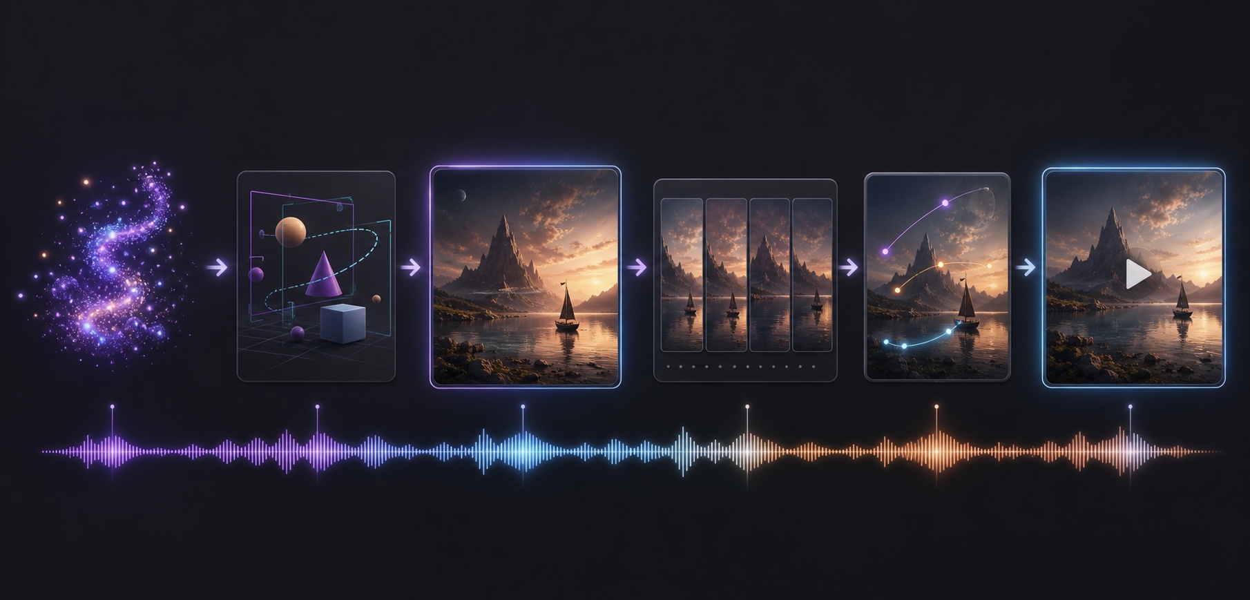 Conceptual Muse Video workflow showing prompt interpretation, coherent video frames, motion planning, and synchronized audio